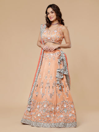 Elegant dark peach mirror lehenga with pearl, mirror, and dabka work