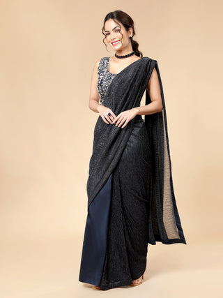 Elegant deep blue pre-draped saree with dabka and zardozi embroidery