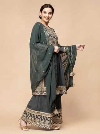 Elegant greenish grey georgette sharara set with embroidered yoke and border.
