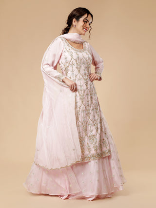Elegant light pink kurti lehenga with floral sequin and pearl work