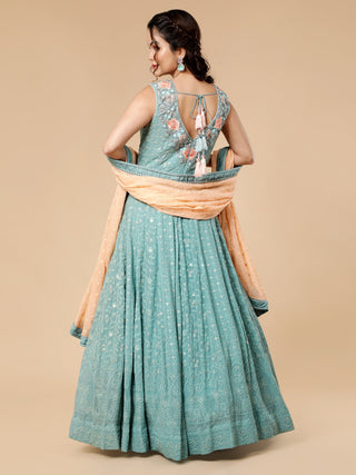 Elegant light teal anarkali with resham, dabka, and chikan embroidery