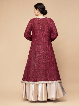 Elegant maroon georgette jacket lehenga set with embroidered border.