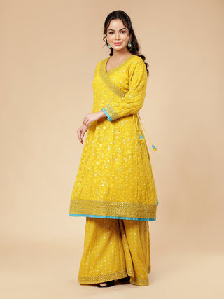 Elegant mustard yellow kalidar kurti with chikankari work and dupatta