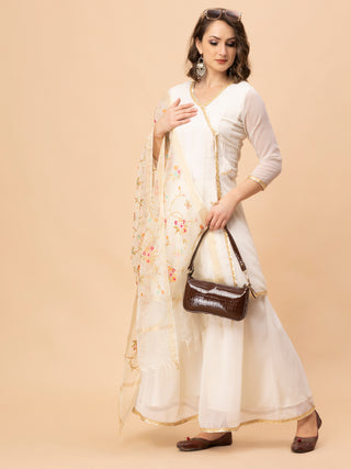Elegant off-white georgette suit with angrakha cut and embroidered dupatta.