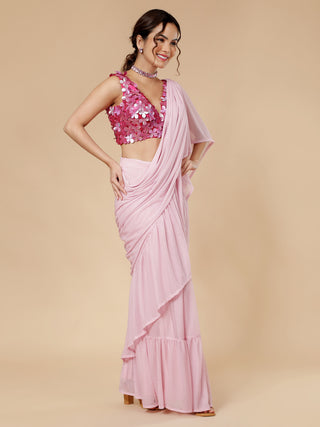 Elegant pink pre-draped saree with glitter net and 3D flower blouse