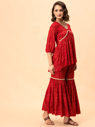 Elegant red Bandani set with front gathered top and sharara.