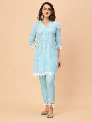 Elegant sky blue chikan co-ord set with crochet bordered top.