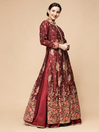 Floral embroidered maroon lehenga with satin skirt and dupatta.