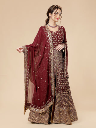 Front open wine Anarkali with zari embroidery and sequined dupatta.