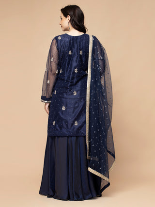 Full sleeve embroidered kurti paired with dark blue mirror work sharara