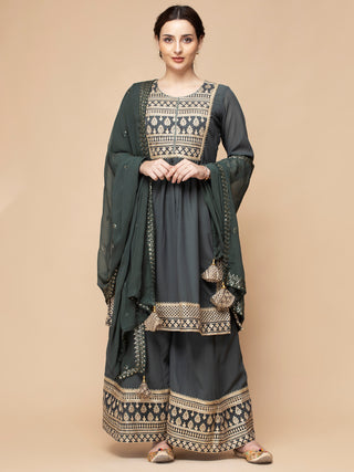 Greenish grey georgette set with zari and dori embroidered yoke.