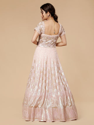 Hexagon sequin gown with hand embroidery and floral pearl neckline
