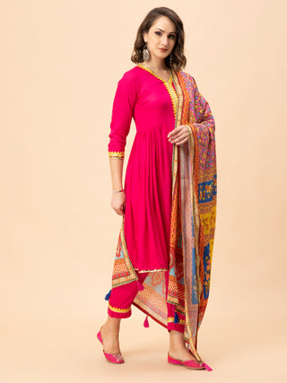 Hot pink cotton rayon suit with gathered gota work kurti.