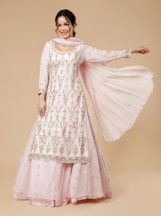 Light pink lehenga set with pearl, gota pati, and floral embroidery
