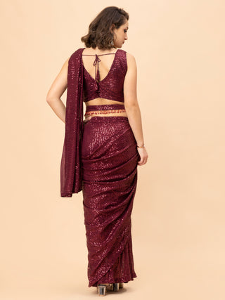 MAROON SEQUIN LYCRA SAREE SET