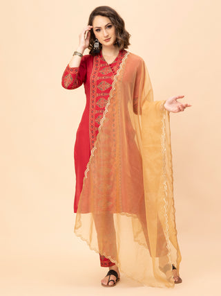 Maroon cotton rayon set with block print kurti and golden dupatta.