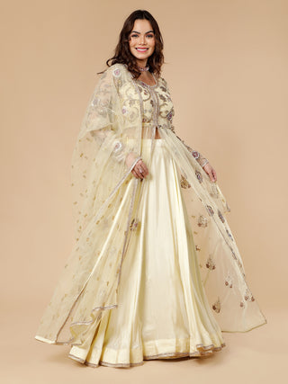 Milu Madan cream jacket lehenga with mukaish, dabka, and zardozi work