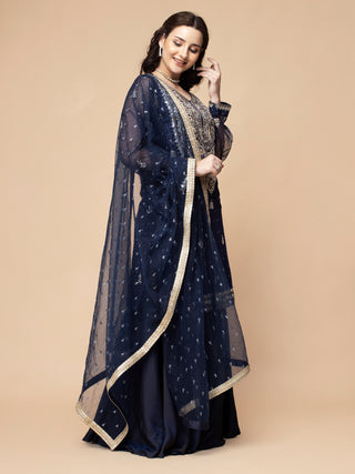 Milu Madan dark blue sharara set with mirror embroidery details