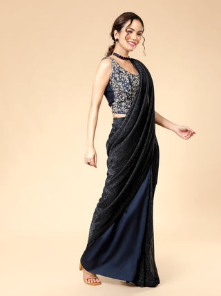 Milu Madan deep blue saree with pure dupion, zardozi, and pallu