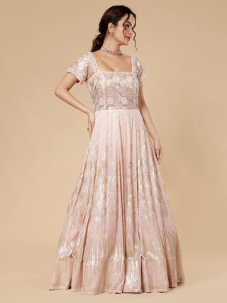 Milu Madan geometric water sequin gown with floral pearl highlights

