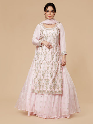 Milu Madan light pink kurti lehenga with pearl and floral embroidery