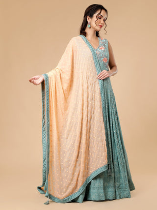 Milu Madan light teal anarkali with chikankari work and peach dupatta