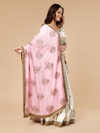 Milu Madan off white satin lehenga with antique motif chinon dupatta