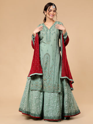 Milu Madan olive green kurti lehenga with floral thread and handwork