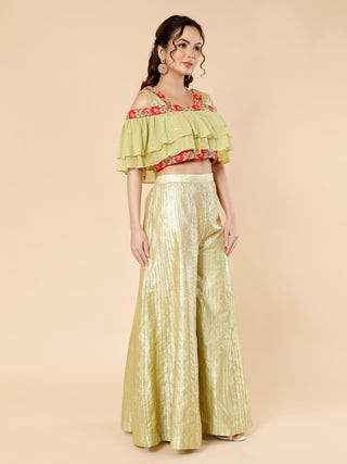 Milu Madan olive green sharara set with stitched gota work and ruffles