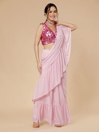 Milu Madan pink pre-draped saree with hot pink satin blouse
