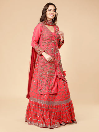 Milu Madan tomato red kurti lehenga with embroidered georgette skirt
