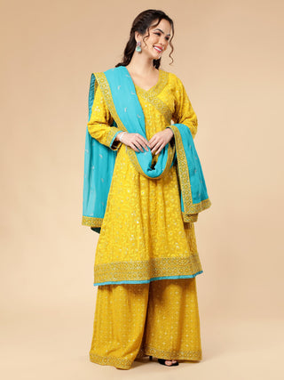 Mustard yellow sharara with chikankari palazzo and embroidered turquoise dupatta