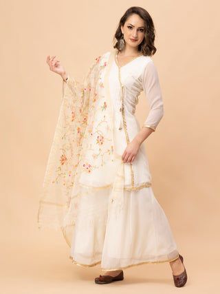 Off-white georgette angrakha kurti with gota edging and plazzo.