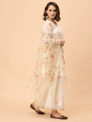 Off-white georgette kalidar kurti with flared plazzo and organza dupatta.