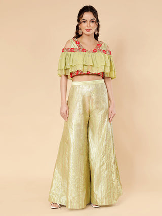 Olive green Indo-Western sharara set with anchor thread and ruffle dupatta