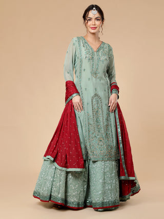 Olive green kurti lehenga with handwork and floral thread embroidery