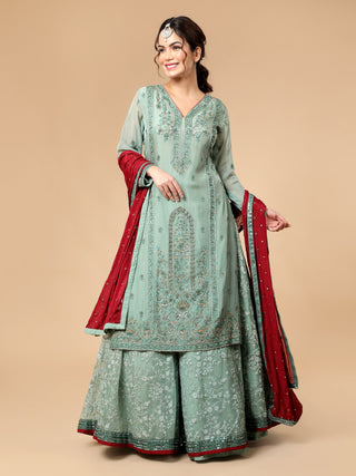Olive green lehenga set with resham, dabka, and floral skirt work