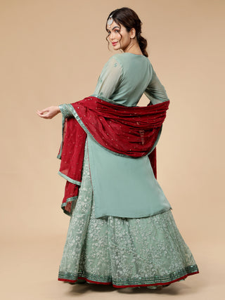 Olive green lehenga set with resham, dabka work and maroon dupatta