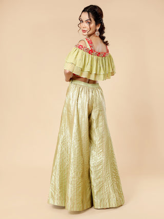Olive green sharara set with hand-embroidered ruffle dupatta and dabka blouse