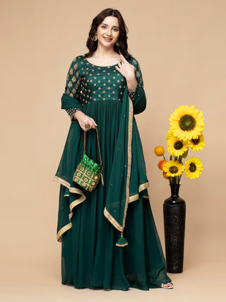 Pearl embroidered bottle green anarkali with georgette skirt and dupatta