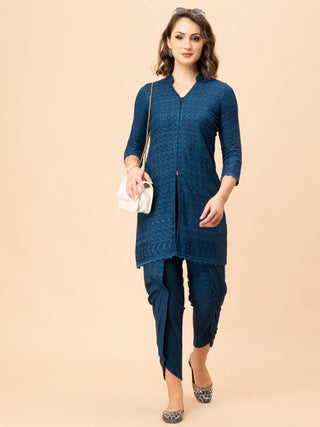 Persian blue chikan co-ord with v-neck top and cotton pants.