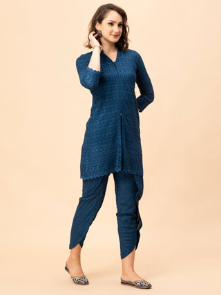 Persian blue chikan top with collared v-neck and border pants.
