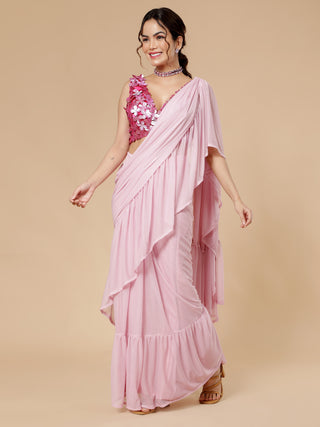 Pink ruffle saree with stylized pallu and 3D flower details
