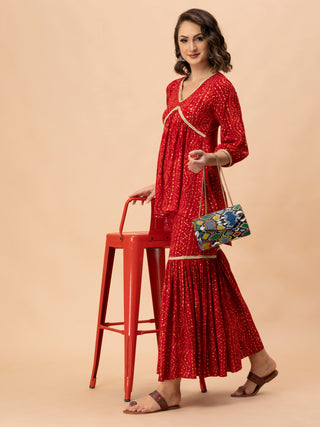 Red Bandani cotton rayon co-ord with cuff sleeve top and sharara.