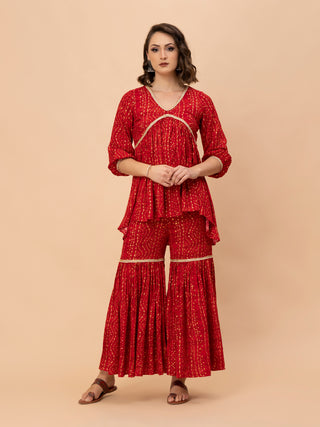 Red cotton rayon Bandani set with gathered back top and sharara.