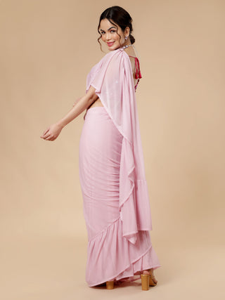 Stylized ruffle drape pink saree with glitter net and 3D flowers