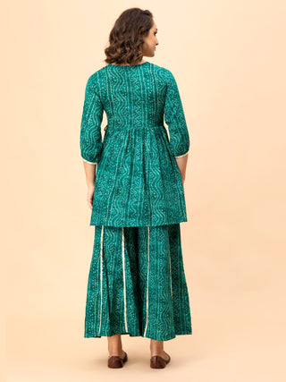 Teal Bandani set with angrakha cut top and cotton plazo.