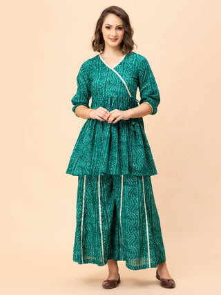 Teal green Bandani co-ord set with gathered angrakha top and plazo.