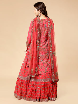 Tomato red lehenga set with bead work and motif bordered dupatta