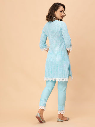 V-neck chikan work top with crochet border and chikan pants.